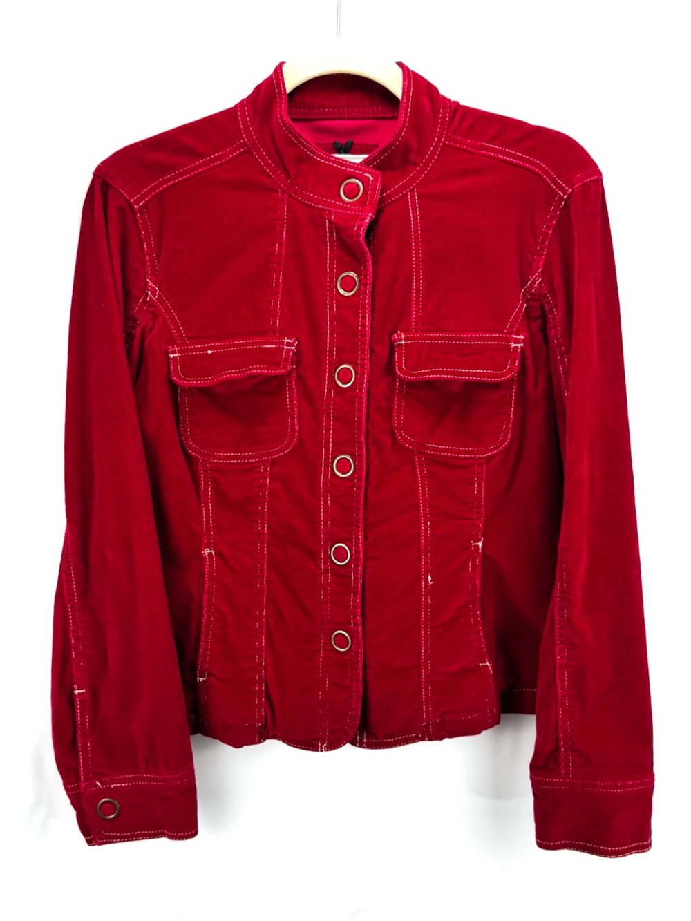 Cherry Red Corduroy Button-Front Trucker Jacket